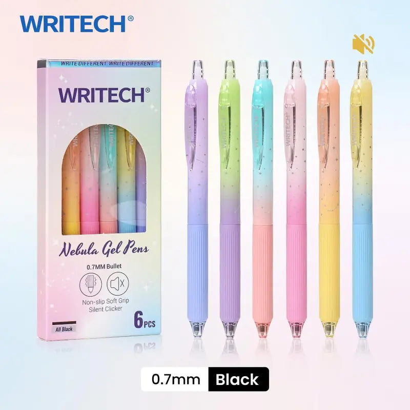 WRITECH Gel Pens Fine Point 0.7Mm Black Ink Retractable 6Ct with Gradient Color Barrel, Soft Vertical Stripe Silicone Grip & Detachable Design for Note Taking Silent Click No Smear Nebula Pen Set
