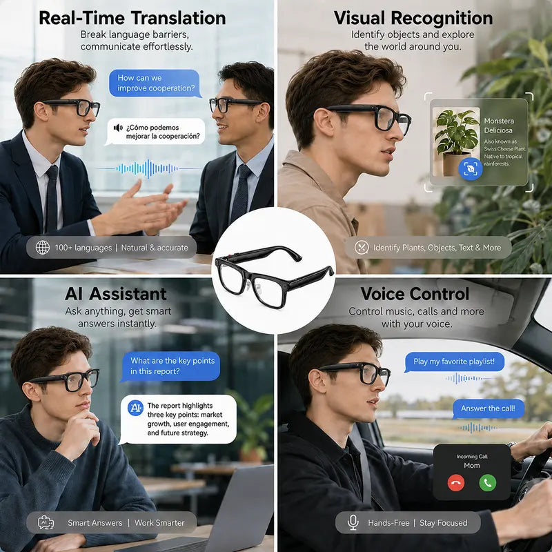 LUSBY Multifunctional Wireless Smart Glasses with Camera - 8MP Photochromic Lenses, Button-Touch Adjustment, 160+ Languages Real-Time Translation, Bluetooth Recording, UV Protection, Square Frame, Climbing Outdoor Gadget, Mens Birthday Gift for Him