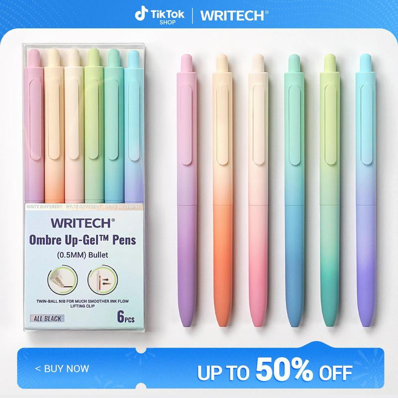WRITECH Gel Pens Fine Point 0.7Mm Black Ink Retractable 6Ct with Gradient Color Barrel, Soft Vertical Stripe Silicone Grip & Detachable Design for Note Taking Silent Click No Smear Nebula Pen Set