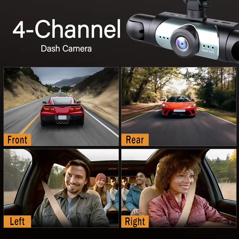 BCUOZ 4-Channel Automotive Dashcam - Car DVR Camera, 1080P Full HD Front + 720P Rear Left Right Coverage, G-Sensor, Free 64GB Memory Card, Abs Plastic Dashboard Camera Recorder, Car Accessories (Not Wireless/No WIFI, Requires Charging)