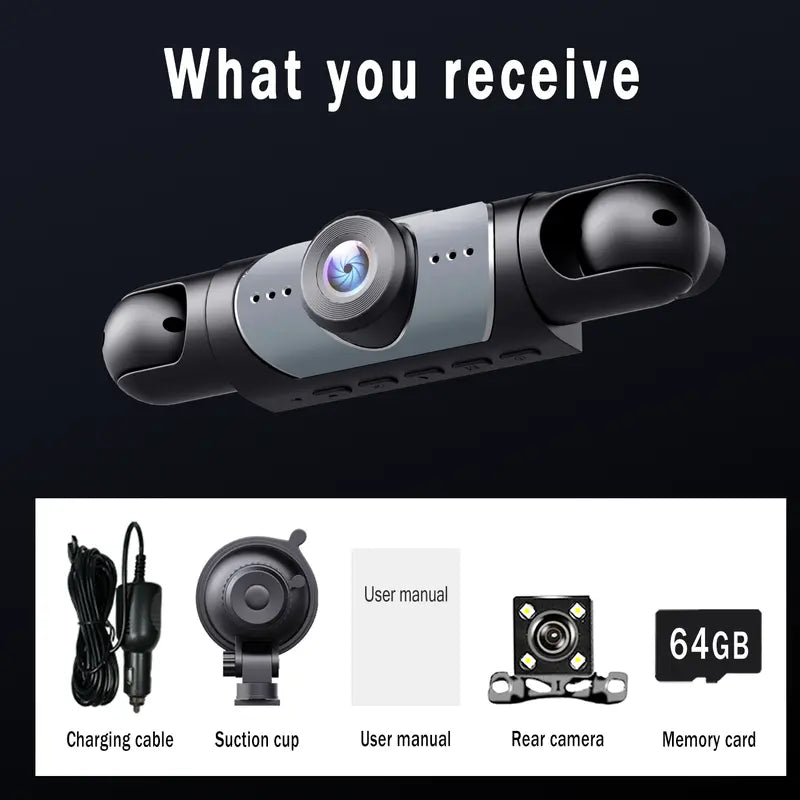 BCUOZ 4-Channel Automotive Dashcam - Car DVR Camera, 1080P Full HD Front + 720P Rear Left Right Coverage, G-Sensor, Free 64GB Memory Card, Abs Plastic Dashboard Camera Recorder, Car Accessories (Not Wireless/No WIFI, Requires Charging)