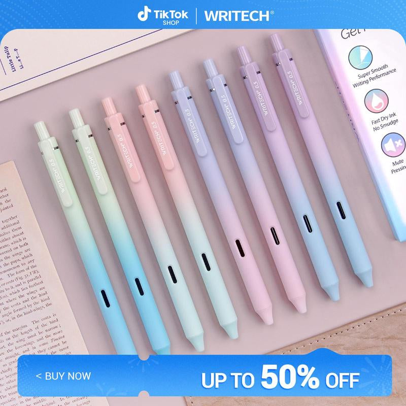 WRITECH Gel Pens Fine Point 0.7Mm Black Ink Retractable 6Ct with Gradient Color Barrel, Soft Vertical Stripe Silicone Grip & Detachable Design for Note Taking Silent Click No Smear Nebula Pen Set