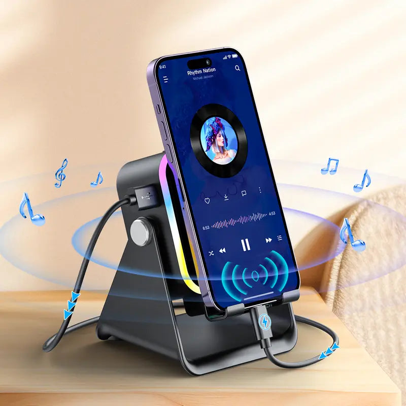 PUTARE Wireless Induction Audio Speaker Stand, 5In1 Cellphone Holder, 3500Mah Rechargeable Emergency Power Bank,360° Adjustable Mobile Tablet Stand with Colorful Ambient Light Gifts for Men Women,