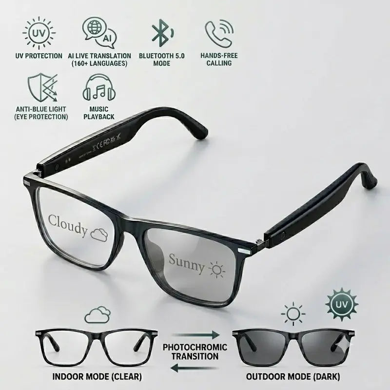 Smart Photochromic Lenses Bluetooth Glasses with 160+ Languages Live Translation App, Anti-Blue Light & UV400 Protection & Hands-Free Calling, 6-Hour Battery Life, Ultra-Ligh Tweight Eyewear for Travel & Daily Use Wearable