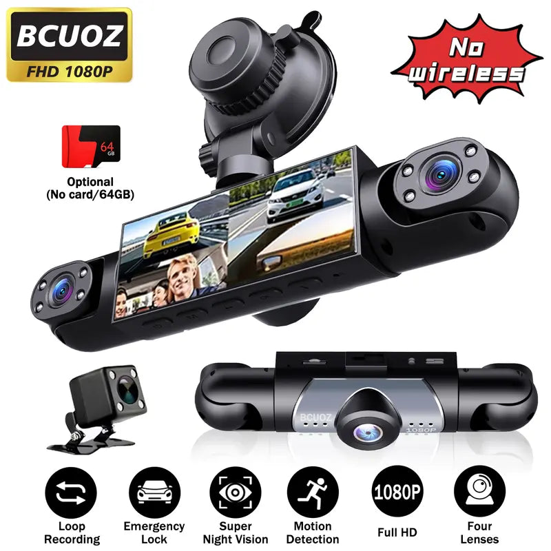 BCUOZ 4-Channel Automotive Dashcam - Car DVR Camera, 1080P Full HD Front + 720P Rear Left Right Coverage, G-Sensor, Free 64GB Memory Card, Abs Plastic Dashboard Camera Recorder, Car Accessories (Not Wireless/No WIFI, Requires Charging)