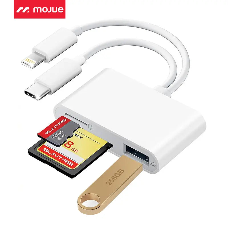 Portable Microsd Card Reader - Dual Connector USB C & Iphone Connector, USB 3.0 Dual-Slot Memory Reader for Iphone/Ipad Cameras, Supports SD/TF, Android Devices Compatible, 2-Way Sync & Tracking Camera Viewer