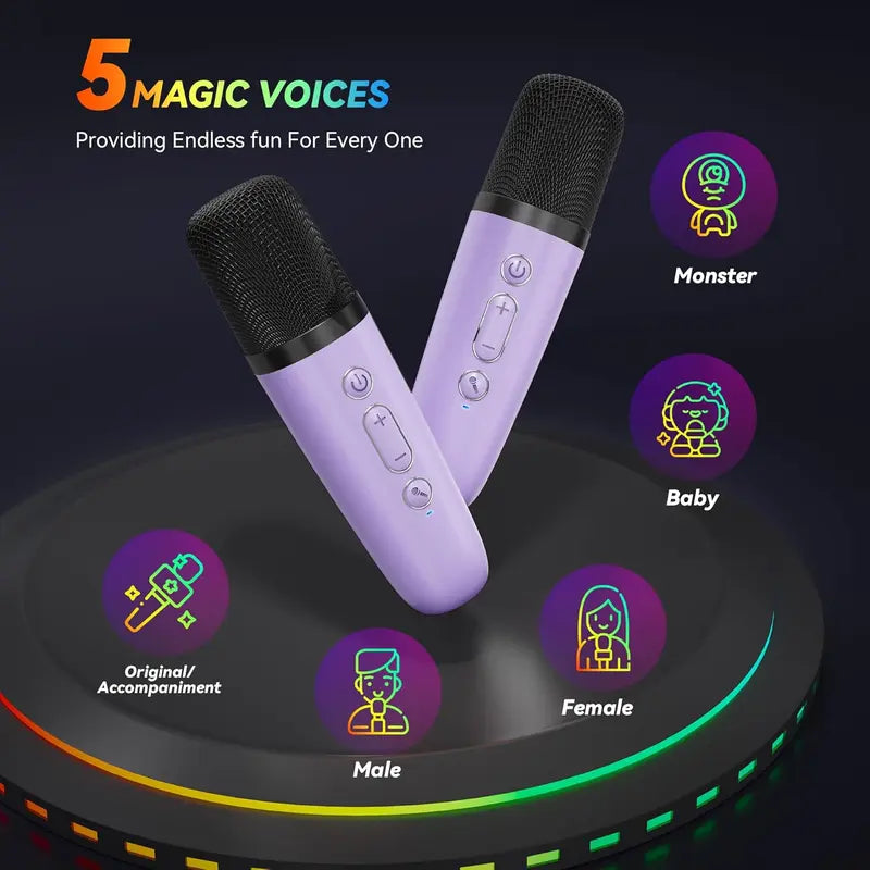 Portable Mini Karaoke Machine with 2 Wireless Microphones - Rechargeable USB Bluetooth Speaker, LED Lights, Suitable for Family Gatherings, Birthday Parties, Gifts for 3-14 Year-Old Children