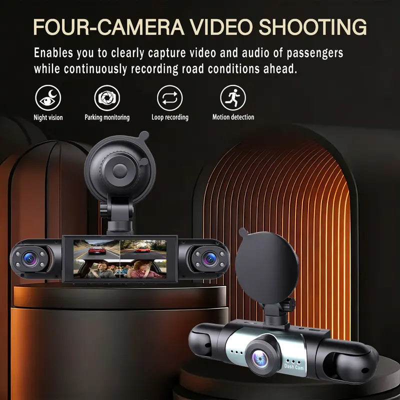 BCUOZ 4-Channel Automotive Dashcam - Car DVR Camera, 1080P Full HD Front + 720P Rear Left Right Coverage, G-Sensor, Free 64GB Memory Card, Abs Plastic Dashboard Camera Recorder, Car Accessories (Not Wireless/No WIFI, Requires Charging)
