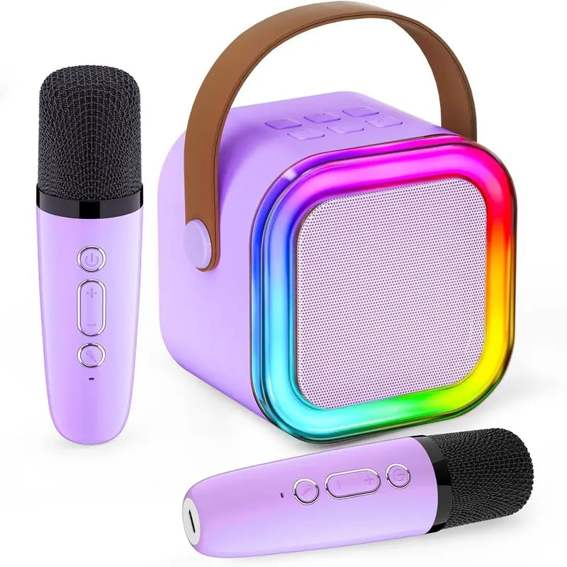 Portable Mini Karaoke Machine with 2 Wireless Microphones - Rechargeable USB Bluetooth Speaker, LED Lights, Suitable for Family Gatherings, Birthday Parties, Gifts for 3-14 Year-Old Children