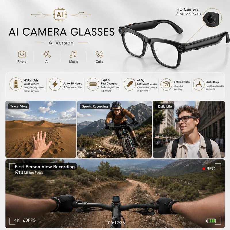 LUSBY Multifunctional Wireless Smart Glasses with Camera - 8MP Photochromic Lenses, Button-Touch Adjustment, 160+ Languages Real-Time Translation, Bluetooth Recording, UV Protection, Square Frame, Climbing Outdoor Gadget, Mens Birthday Gift for Him