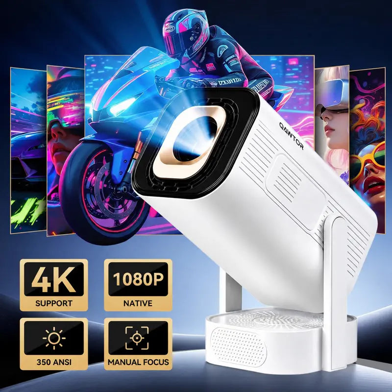 Qawtor Portable Native Projector with 4K Support, Wifi 6 & Bluetooth 5.0 – Mini Home Theater Movie Projector with Built-In Speaker & Wireless Ios/Android Screen Mirroring