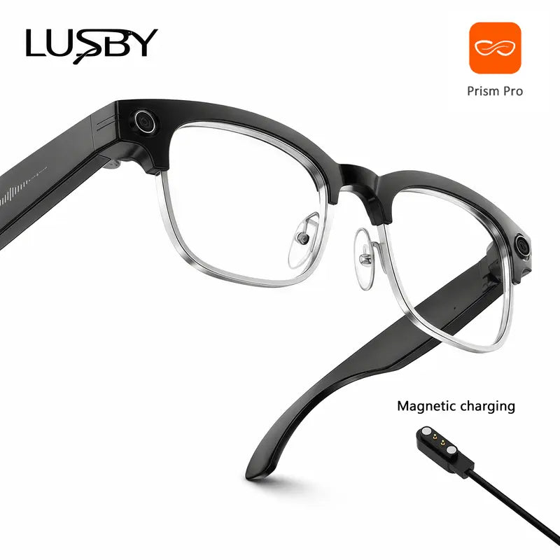 LUSBY Multifunctional Wireless Smart Glasses with Camera - 8MP Photochromic Lenses, Button-Touch Adjustment, 160+ Languages Real-Time Translation, Bluetooth Recording, UV Protection, Square Frame, Climbing Outdoor Gadget, Mens Birthday Gift for Him