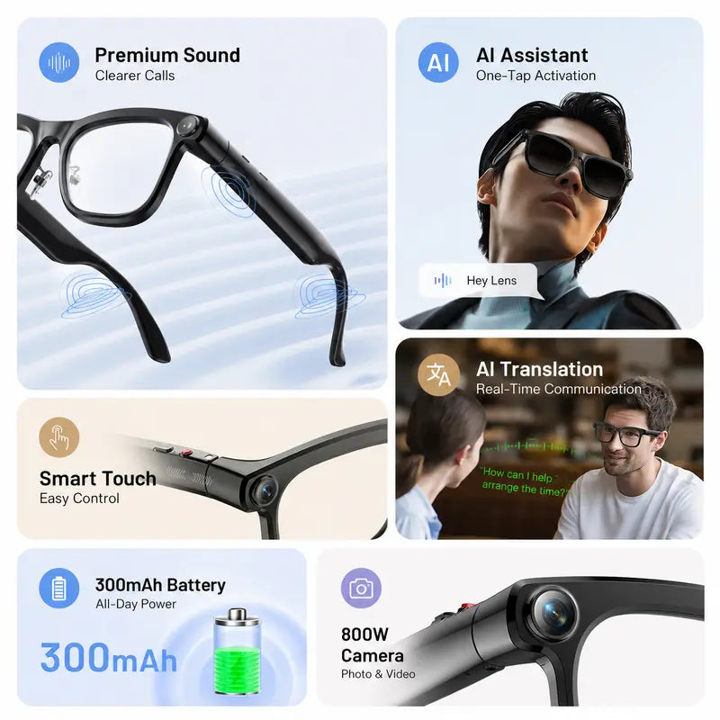 LUSBY Multifunctional Wireless Smart Glasses with Camera - 8MP Photochromic Lenses, Button-Touch Adjustment, 160+ Languages Real-Time Translation, Bluetooth Recording, UV Protection, Square Frame, Climbing Outdoor Gadget, Mens Birthday Gift for Him