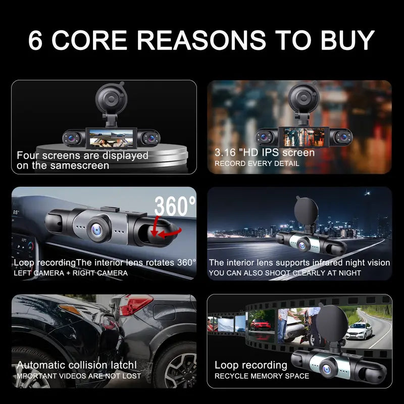 BCUOZ 4-Channel Automotive Dashcam - Car DVR Camera, 1080P Full HD Front + 720P Rear Left Right Coverage, G-Sensor, Free 64GB Memory Card, Abs Plastic Dashboard Camera Recorder, Car Accessories (Not Wireless/No WIFI, Requires Charging)