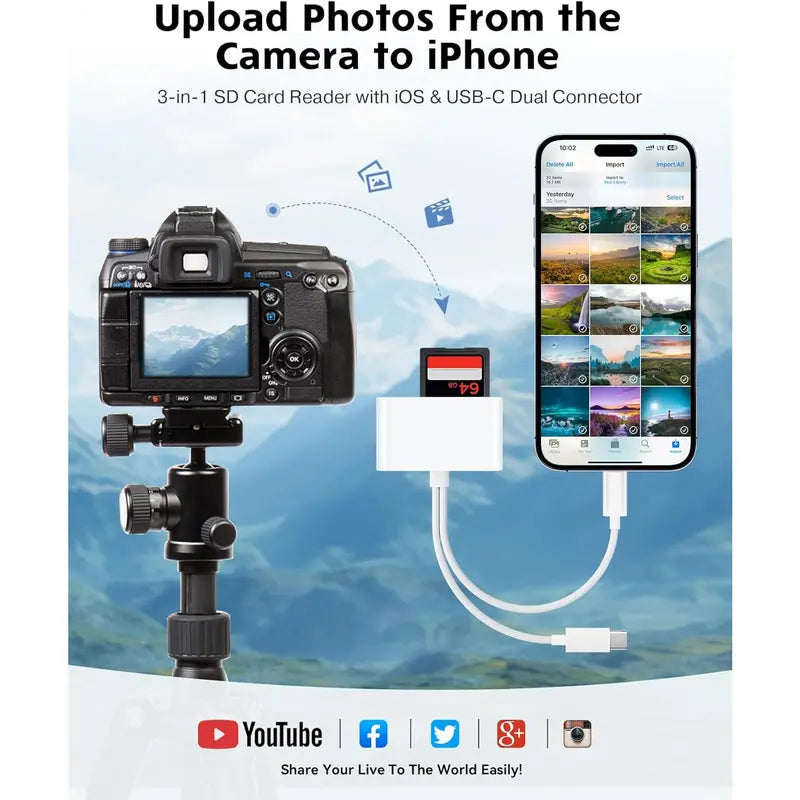 Portable Microsd Card Reader - Dual Connector USB C & Iphone Connector, USB 3.0 Dual-Slot Memory Reader for Iphone/Ipad Cameras, Supports SD/TF, Android Devices Compatible, 2-Way Sync & Tracking Camera Viewer