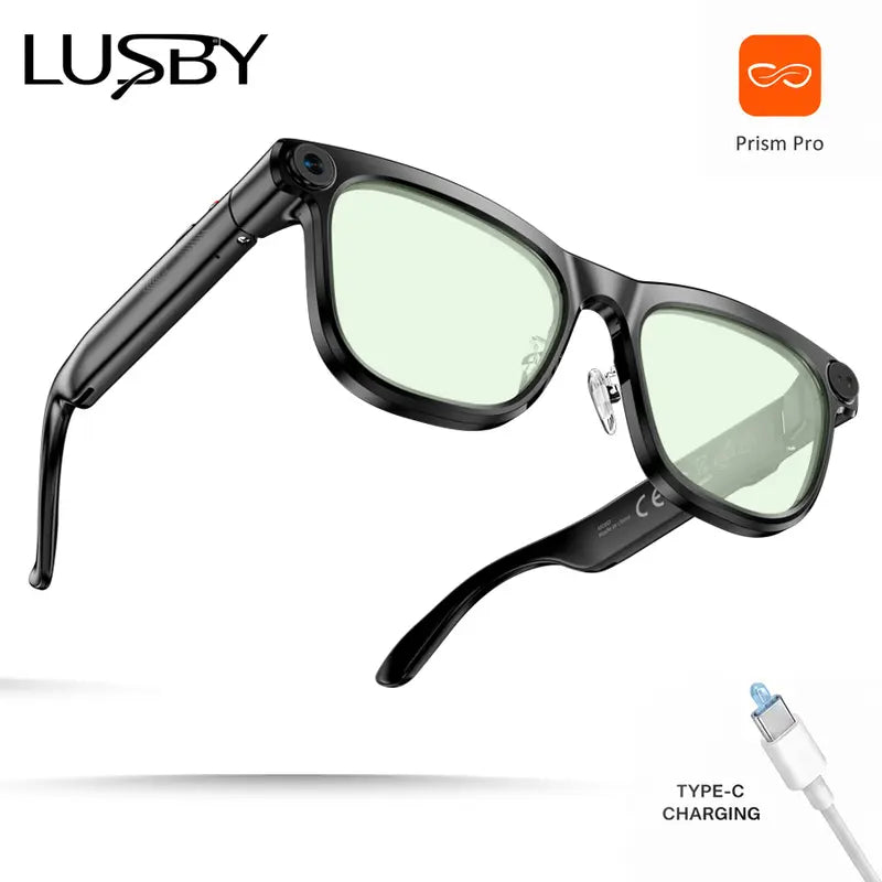 LUSBY Multifunctional Wireless Smart Glasses with Camera - 8MP Photochromic Lenses, Button-Touch Adjustment, 160+ Languages Real-Time Translation, Bluetooth Recording, UV Protection, Square Frame, Climbing Outdoor Gadget, Mens Birthday Gift for Him